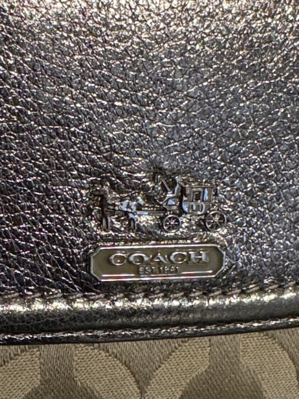 Coach Metallic Silver and Khaki Signature Continental Wallet - Picture 2 of 13